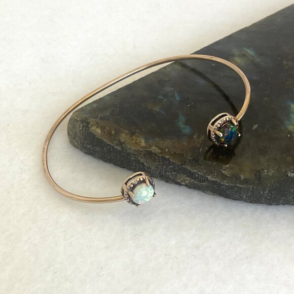 Gold Vermeil Sterling Silver Dainty Black White Opal Diamond Cuff Bracelet 6.25" - Picture 12 of 16